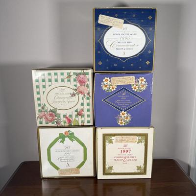 LOT 187L: Avon Honor Society Mrs. P.F.E. Albee Commemorative Tea Cup & Saucer Sets w/ Boxes - 1991, 1994-1997