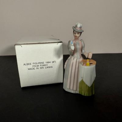 LOT 190D: Vintage Avon Miniature Mrs. PFE Albee Figurines w/ NIP Shadow Box Display Shelf & More