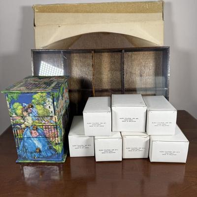 LOT 190D: Vintage Avon Miniature Mrs. PFE Albee Figurines w/ NIP Shadow Box Display Shelf & More