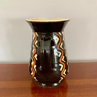 LOT 201 M: Signed & Stamped Stoneware Pitcher, MCM Marbled Swirl Blown Glass Jar, Baldwin Brass Candlestick Holder, Coppercraft Guild...