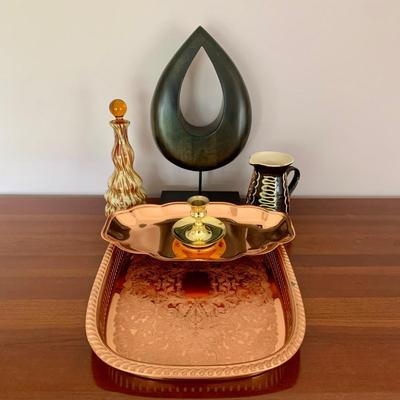 LOT 201 M: Signed & Stamped Stoneware Pitcher, MCM Marbled Swirl Blown Glass Jar, Baldwin Brass Candlestick Holder, Coppercraft Guild...