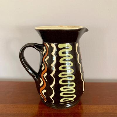 LOT 201 M: Signed & Stamped Stoneware Pitcher, MCM Marbled Swirl Blown Glass Jar, Baldwin Brass Candlestick Holder, Coppercraft Guild...