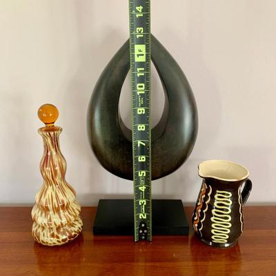 LOT 201 M: Signed & Stamped Stoneware Pitcher, MCM Marbled Swirl Blown Glass Jar, Baldwin Brass Candlestick Holder, Coppercraft Guild...