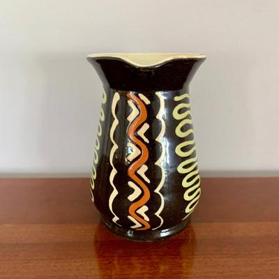 LOT 201 M: Signed & Stamped Stoneware Pitcher, MCM Marbled Swirl Blown Glass Jar, Baldwin Brass Candlestick Holder, Coppercraft Guild...