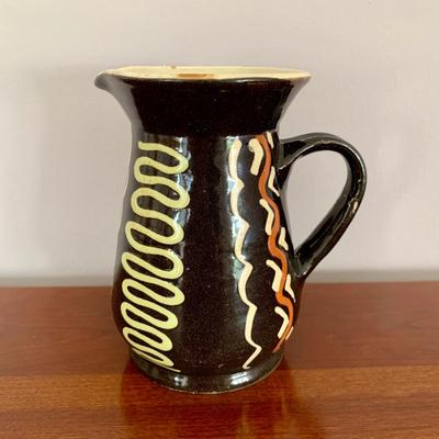 LOT 201 M: Signed & Stamped Stoneware Pitcher, MCM Marbled Swirl Blown Glass Jar, Baldwin Brass Candlestick Holder, Coppercraft Guild...