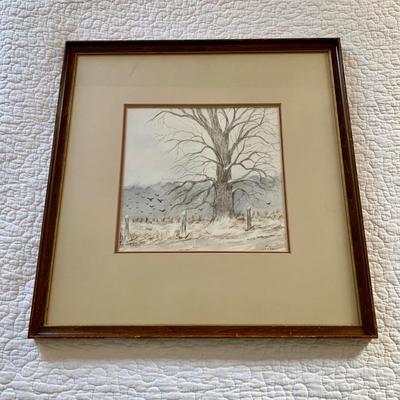 LOT 202 M: Framed, & Signed Paintings: Oil Paint on Canvas, Covered Bridge by Florence Balentine 1969 & Watercolor, Tree in Winter