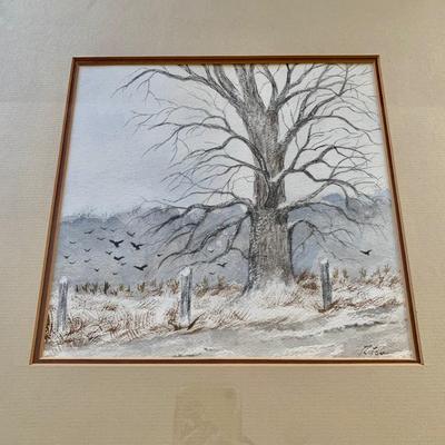 LOT 202 M: Framed, & Signed Paintings: Oil Paint on Canvas, Covered Bridge by Florence Balentine 1969 & Watercolor, Tree in Winter