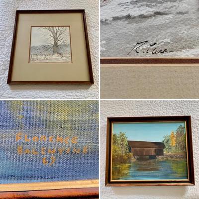 LOT 202 M: Framed, & Signed Paintings: Oil Paint on Canvas, Covered Bridge by Florence Balentine 1969 & Watercolor, Tree in Winter