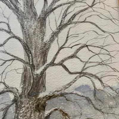 LOT 202 M: Framed, & Signed Paintings: Oil Paint on Canvas, Covered Bridge by Florence Balentine 1969 & Watercolor, Tree in Winter