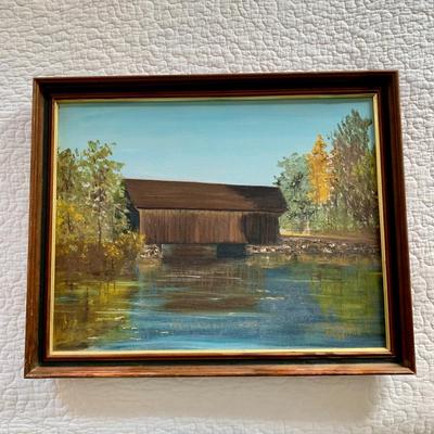 LOT 202 M: Framed, & Signed Paintings: Oil Paint on Canvas, Covered Bridge by Florence Balentine 1969 & Watercolor, Tree in Winter