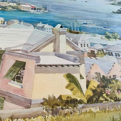 LOT 205 M: Framed & Signed Carole Holding Watercolor Prints: "Hamilton From Paget, Bermuda" & "St. George's,...