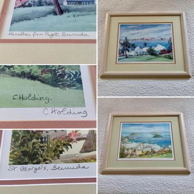 LOT 205 M: Framed & Signed Carole Holding Watercolor Prints: "Hamilton From Paget, Bermuda" & "St. George's,...