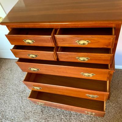 LOT 218 M: Taylor Jamestown Cherry Wood Bedroom Set: 7 Drawer Chest Of Drawers, Two 2 Drawer Bedside Tables, 10 Drawer Dresser w/ Mirror,...