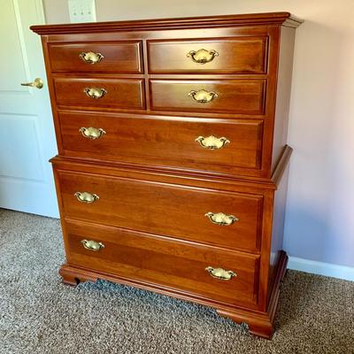 LOT 218 M: Taylor Jamestown Cherry Wood Bedroom Set: 7 Drawer Chest Of Drawers, Two 2 Drawer Bedside Tables, 10 Drawer Dresser w/ Mirror,...