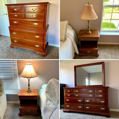 LOT 218 M: Taylor Jamestown Cherry Wood Bedroom Set: 7 Drawer Chest Of Drawers, Two 2 Drawer Bedside Tables, 10 Drawer Dresser w/ Mirror,...