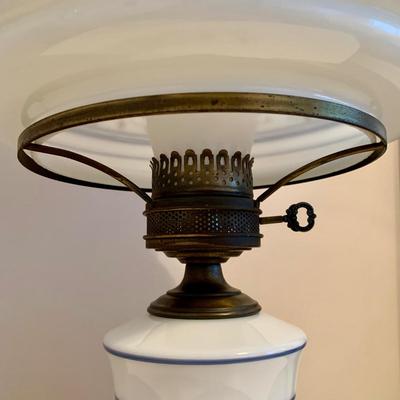 LOT 221 B: 1970's Quoizel Abigail Adams Hand Painted Milk Glass Hurricane Lamp