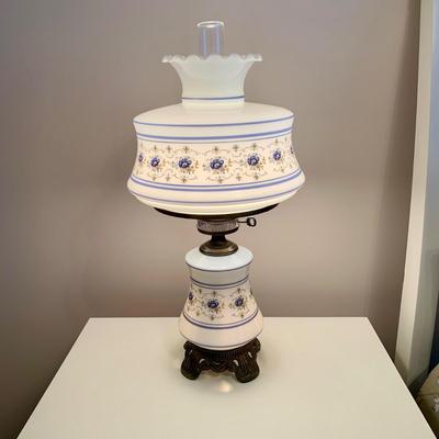 LOT 221 B: 1970's Quoizel Abigail Adams Hand Painted Milk Glass Hurricane Lamp