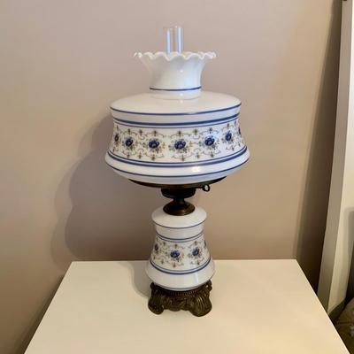 LOT 221 B: 1970's Quoizel Abigail Adams Hand Painted Milk Glass Hurricane Lamp