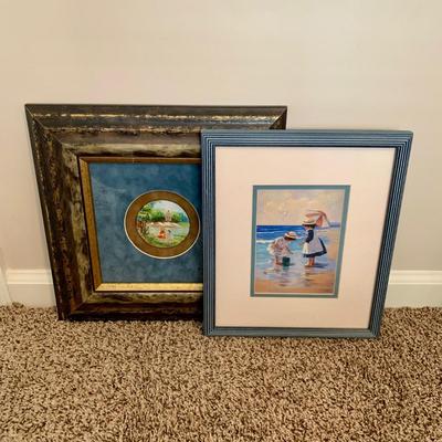 LOT 223 B: Framed, Hand Painted, & Signed Disk & "Gathering Seashells" Print by C. Kieffer