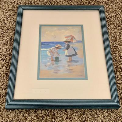 LOT 223 B: Framed, Hand Painted, & Signed Disk & "Gathering Seashells" Print by C. Kieffer