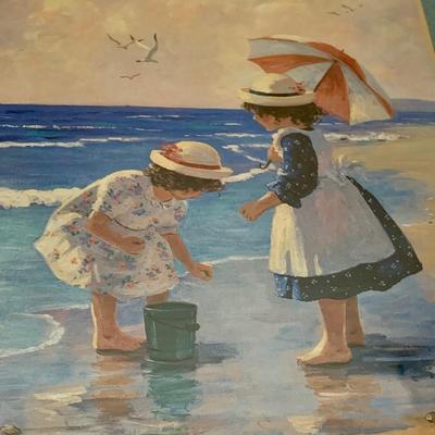 LOT 223 B: Framed, Hand Painted, & Signed Disk & "Gathering Seashells" Print by C. Kieffer