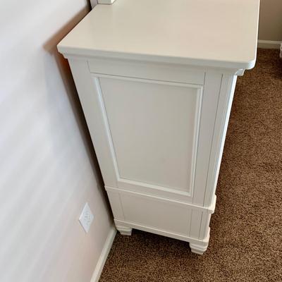 LOT 228 B: Ashley Furniture White Bedset: Sleigh Bed w/ 2 Drawers, 3 Drawer Bedside Table, 6 Drawer 2 Cabinet Dresser w/ Mirror