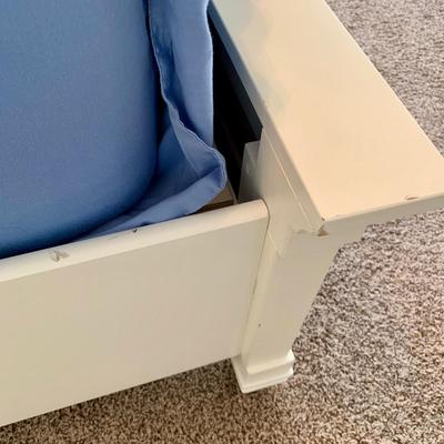 LOT 228 B: Ashley Furniture White Bedset: Sleigh Bed w/ 2 Drawers, 3 Drawer Bedside Table, 6 Drawer 2 Cabinet Dresser w/ Mirror