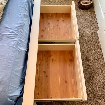 LOT 228 B: Ashley Furniture White Bedset: Sleigh Bed w/ 2 Drawers, 3 Drawer Bedside Table, 6 Drawer 2 Cabinet Dresser w/ Mirror