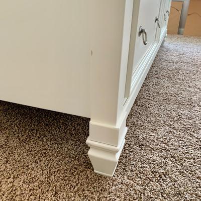 LOT 228 B: Ashley Furniture White Bedset: Sleigh Bed w/ 2 Drawers, 3 Drawer Bedside Table, 6 Drawer 2 Cabinet Dresser w/ Mirror