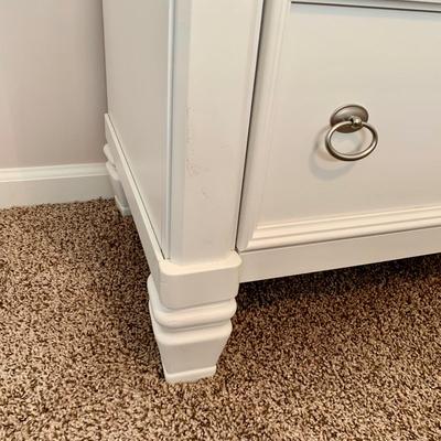 LOT 228 B: Ashley Furniture White Bedset: Sleigh Bed w/ 2 Drawers, 3 Drawer Bedside Table, 6 Drawer 2 Cabinet Dresser w/ Mirror