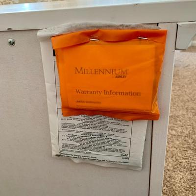 LOT 228 B: Ashley Furniture White Bedset: Sleigh Bed w/ 2 Drawers, 3 Drawer Bedside Table, 6 Drawer 2 Cabinet Dresser w/ Mirror