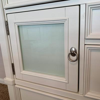 LOT 228 B: Ashley Furniture White Bedset: Sleigh Bed w/ 2 Drawers, 3 Drawer Bedside Table, 6 Drawer 2 Cabinet Dresser w/ Mirror