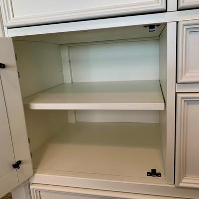 LOT 228 B: Ashley Furniture White Bedset: Sleigh Bed w/ 2 Drawers, 3 Drawer Bedside Table, 6 Drawer 2 Cabinet Dresser w/ Mirror