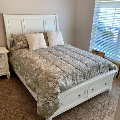 LOT 228 B: Ashley Furniture White Bedset: Sleigh Bed w/ 2 Drawers, 3 Drawer Bedside Table, 6 Drawer 2 Cabinet Dresser w/ Mirror