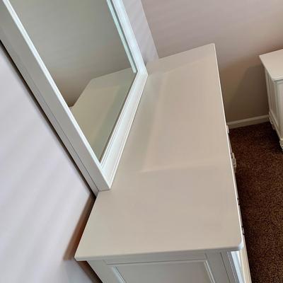 LOT 228 B: Ashley Furniture White Bedset: Sleigh Bed w/ 2 Drawers, 3 Drawer Bedside Table, 6 Drawer 2 Cabinet Dresser w/ Mirror