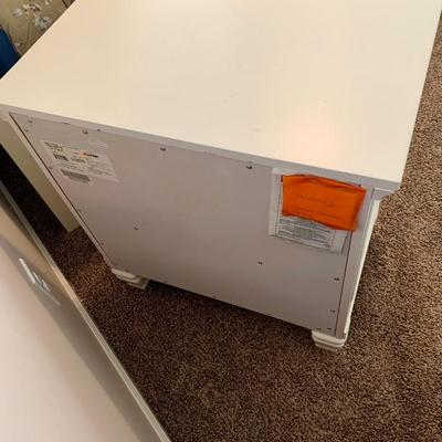 LOT 228 B: Ashley Furniture White Bedset: Sleigh Bed w/ 2 Drawers, 3 Drawer Bedside Table, 6 Drawer 2 Cabinet Dresser w/ Mirror