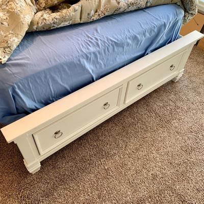 LOT 228 B: Ashley Furniture White Bedset: Sleigh Bed w/ 2 Drawers, 3 Drawer Bedside Table, 6 Drawer 2 Cabinet Dresser w/ Mirror