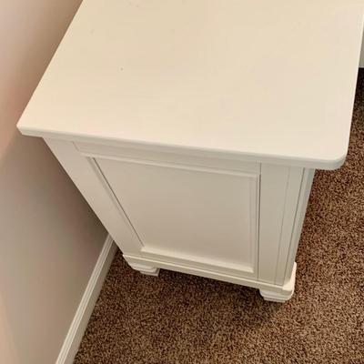 LOT 228 B: Ashley Furniture White Bedset: Sleigh Bed w/ 2 Drawers, 3 Drawer Bedside Table, 6 Drawer 2 Cabinet Dresser w/ Mirror