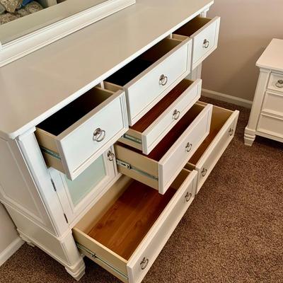 LOT 228 B: Ashley Furniture White Bedset: Sleigh Bed w/ 2 Drawers, 3 Drawer Bedside Table, 6 Drawer 2 Cabinet Dresser w/ Mirror