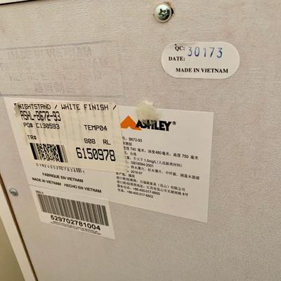 LOT 228 B: Ashley Furniture White Bedset: Sleigh Bed w/ 2 Drawers, 3 Drawer Bedside Table, 6 Drawer 2 Cabinet Dresser w/ Mirror