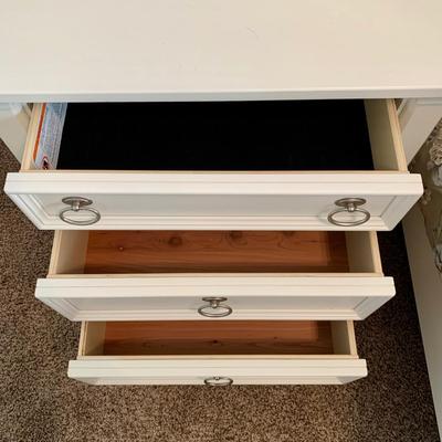 LOT 228 B: Ashley Furniture White Bedset: Sleigh Bed w/ 2 Drawers, 3 Drawer Bedside Table, 6 Drawer 2 Cabinet Dresser w/ Mirror