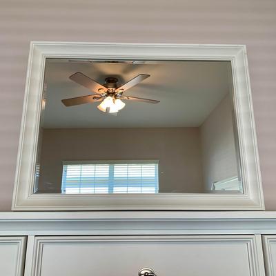 LOT 228 B: Ashley Furniture White Bedset: Sleigh Bed w/ 2 Drawers, 3 Drawer Bedside Table, 6 Drawer 2 Cabinet Dresser w/ Mirror