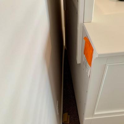 LOT 228 B: Ashley Furniture White Bedset: Sleigh Bed w/ 2 Drawers, 3 Drawer Bedside Table, 6 Drawer 2 Cabinet Dresser w/ Mirror