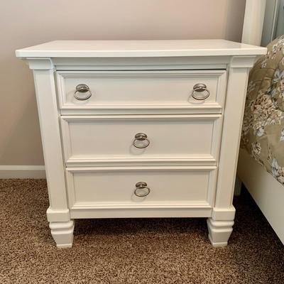 LOT 228 B: Ashley Furniture White Bedset: Sleigh Bed w/ 2 Drawers, 3 Drawer Bedside Table, 6 Drawer 2 Cabinet Dresser w/ Mirror