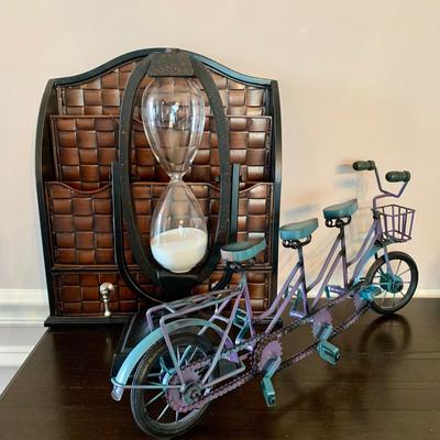 LOT 234 D: Home Decor Collection: Mail Sorter, Hourglass, & 3 Seat Wooden & Metal Bicycle