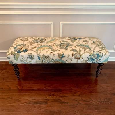 LOT 240 D: Ballard Designs Bench Seat, Pier 1 Imports Teal & Gold 3 Drawer Side Table, & Gilded Wall Mirror