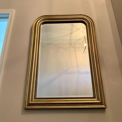 LOT 240 D: Ballard Designs Bench Seat, Pier 1 Imports Teal & Gold 3 Drawer Side Table, & Gilded Wall Mirror