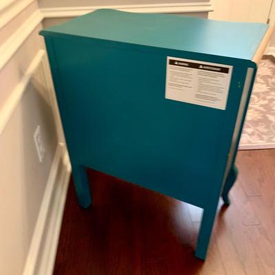 LOT 240 D: Ballard Designs Bench Seat, Pier 1 Imports Teal & Gold 3 Drawer Side Table, & Gilded Wall Mirror