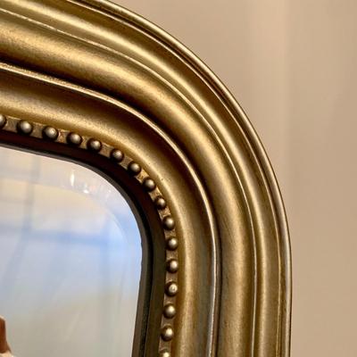 LOT 240 D: Ballard Designs Bench Seat, Pier 1 Imports Teal & Gold 3 Drawer Side Table, & Gilded Wall Mirror