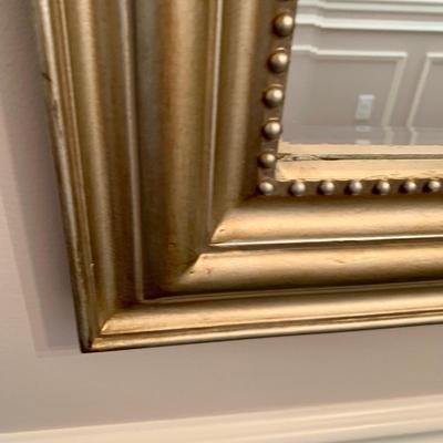 LOT 240 D: Ballard Designs Bench Seat, Pier 1 Imports Teal & Gold 3 Drawer Side Table, & Gilded Wall Mirror